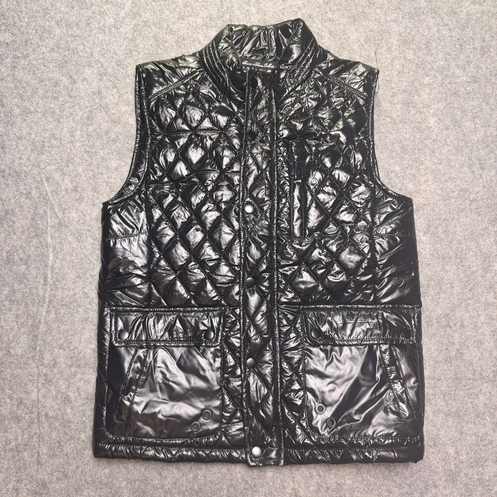 Fried Denim NYC Mens M Black Quilted Puffer Vest Shiny Snap Front Mock Neck Pock